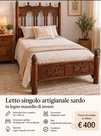 Letto in legno massello Rovere artigianato sardo