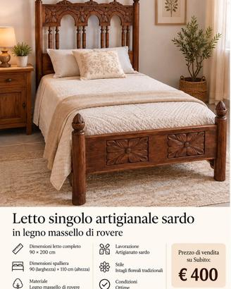 Letto in legno massello Rovere artigianato sardo