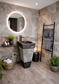 Lavabo con colonna in pietra naturale e marmo nero