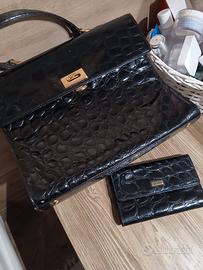  borsa di pelle nera  con portafoglio  ferre'