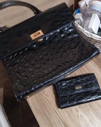  borsa di pelle nera  con portafoglio  ferre'
