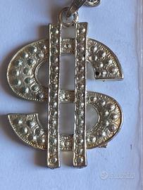 Collana argentata con dollaro RAP HIP HOP Nuova