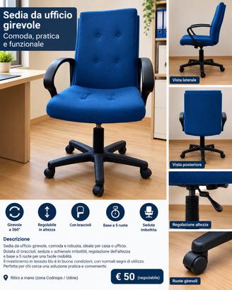 Sedia da ufficio girevole blu con braccioli