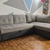 Divano letto tre posti con penisola e cassettone (