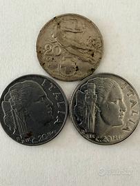 Tre monete italiane da 20 centesimi del 1921/41
