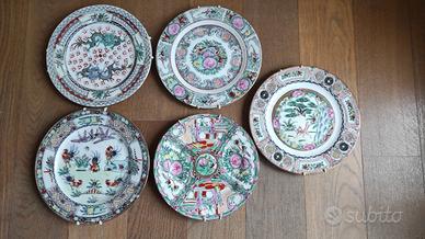 Lotto 5 Piatti Porcellana Cinese Vintage Guangdon