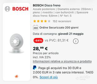 Coppia dischi freni  Bosch e pastiglie brembo