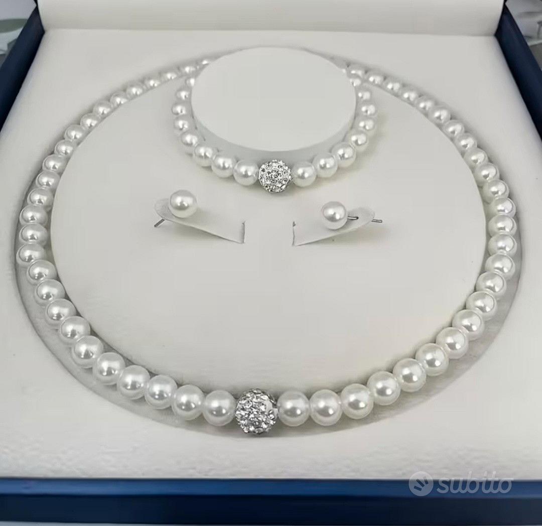 YAMI set di perle (collana + bracciale + orecchini), perle d'acqua dolce coltivate (7-7,5 mm). Ipotallergenico. Argento sterling 925. Un regalo di nozze esclusivo per la sposa. 45 + 5 cm