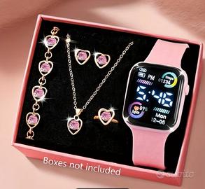 set orologio digitale e gioielli rosa con cuori 
