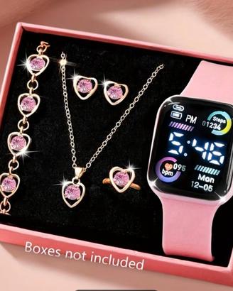 set orologio digitale e gioielli rosa con cuori 