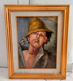 Quadro antico Ragazzo con pipa dipinto a olio.