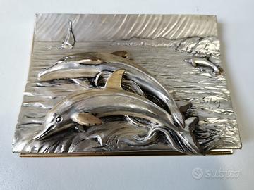 Quadretto tridimensionale 3d silver plate delfini