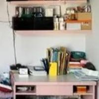 scrivania bianca e rosa e mensole