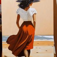 Quadro dipinto a mano paesaggio mare con donna