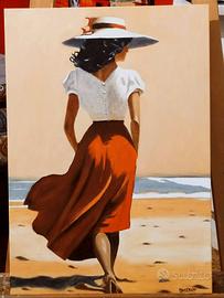 Quadro dipinto a mano paesaggio mare con donna