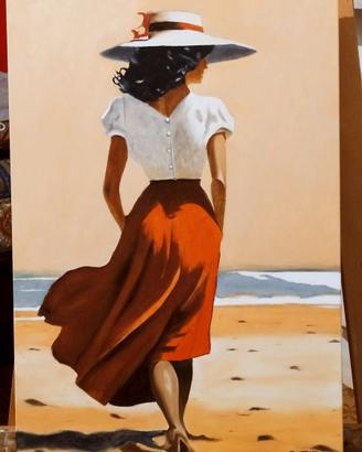 Quadro dipinto a mano paesaggio mare con donna
