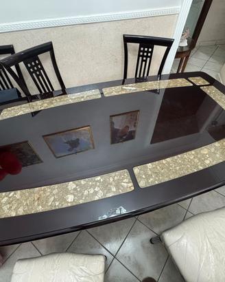 Tavolo da pranzo in mogano con inserti in marmo 