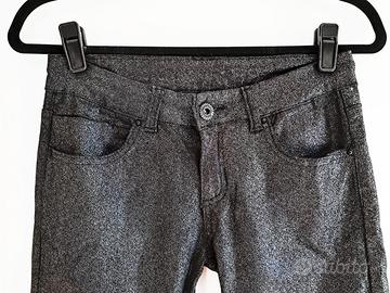 Skinny Jeans Vita Bassa Brillantini Argento Nero