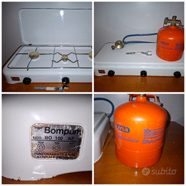 Fornello+pompa manuale+borracce+lampada campeggio