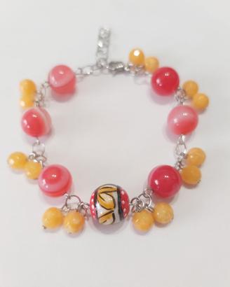 Bracciale acciaio e giada con agata dipinta a mano