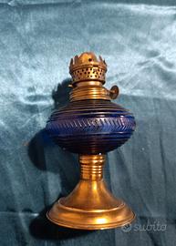LAMPADA PETROLIO VINTAGE VETRO BLU OTTONE 15CM DEC