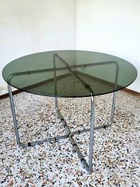 Tavolo tondo anni 70 design base cromata vetro