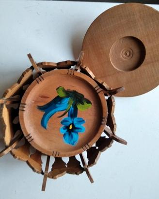 6 sotto bicchieri in legno decorati più box nuovi