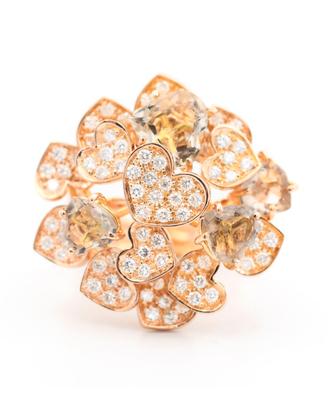 Anello Cuori in Oro Rosa con Diamanti e Quarzi