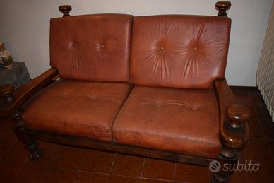 1Divano+2Poltrone Vintage'70 in Legno e Vera Pelle