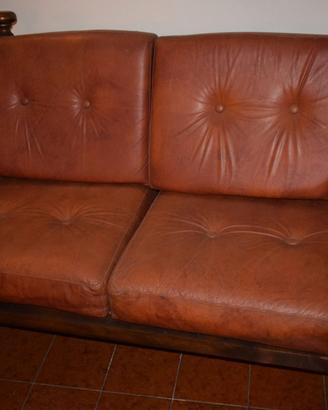 1Divano+2Poltrone Vintage'70 in Legno e Vera Pelle