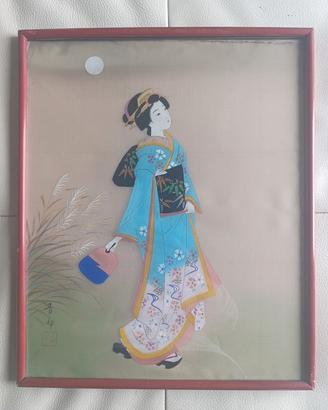 2 antichi dipinti giapponesi su stoffa 44x36 cm