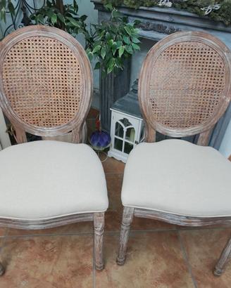 2/3 Sedie a medaglione rattan e tessuto