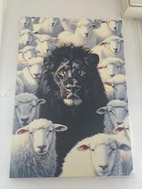 Quadro su tela Leone e Pecore 100x69.5 cm con cert