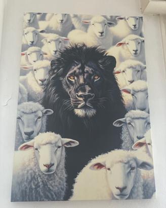 Quadro su tela Leone e Pecore 100x69.5 cm con cert