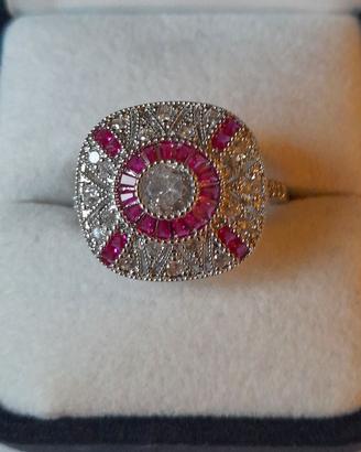 Anello in stile Art Déco quadrato zirconi rubino