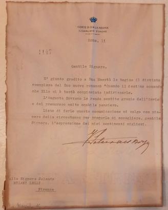 Lettera Corte Reale Regina Elena di Savoia