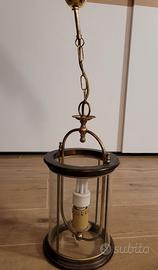 Lampada cilindrica a pendente in vetro e legno con