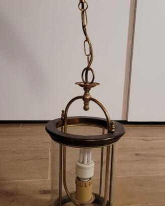 Lampada cilindrica a pendente in vetro e legno con