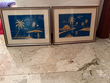 Coppia di quadri vintage con intarsio in paglia