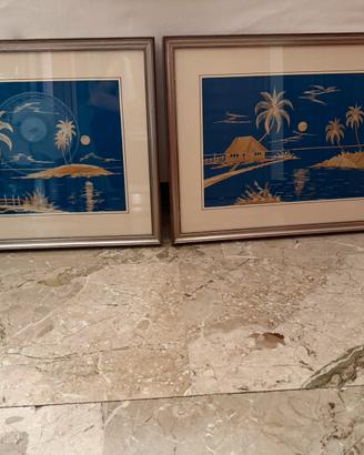 Coppia di quadri vintage con intarsio in paglia