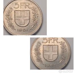 2 Monete 5 Franchi Svizzeri 1981 & 1985
