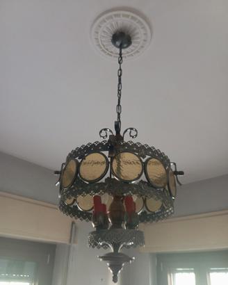 Lampadario Vintage in Ferro Battuto e Vetro