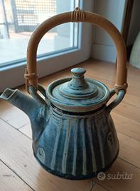 Teiera grande in ceramica vintage manico in bambù 