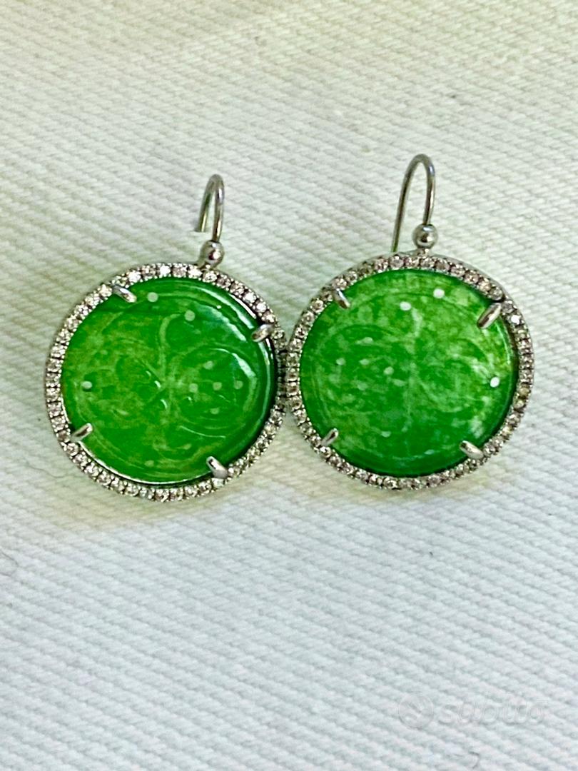Orecchini Pendenti In Argento 925 Con Giada Verde Naturale Intagliata A Mano - Gioielli Donna Pietre Preziose