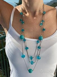 Collana lunga 3 fili turchese con perle sfaccetate