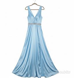 Abito elegante lungo azzurro con spacco 