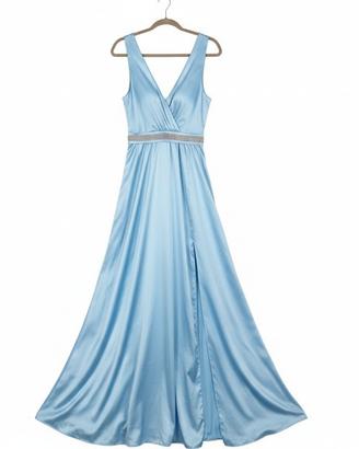 Abito elegante lungo azzurro con spacco 
