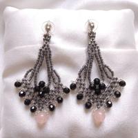 Orecchini Neri Vintage Quarzo rosa Chandelier