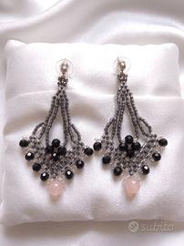 Orecchini Neri Vintage Quarzo rosa Chandelier