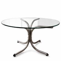 Tavolo tondo in cristallo con base in metallo